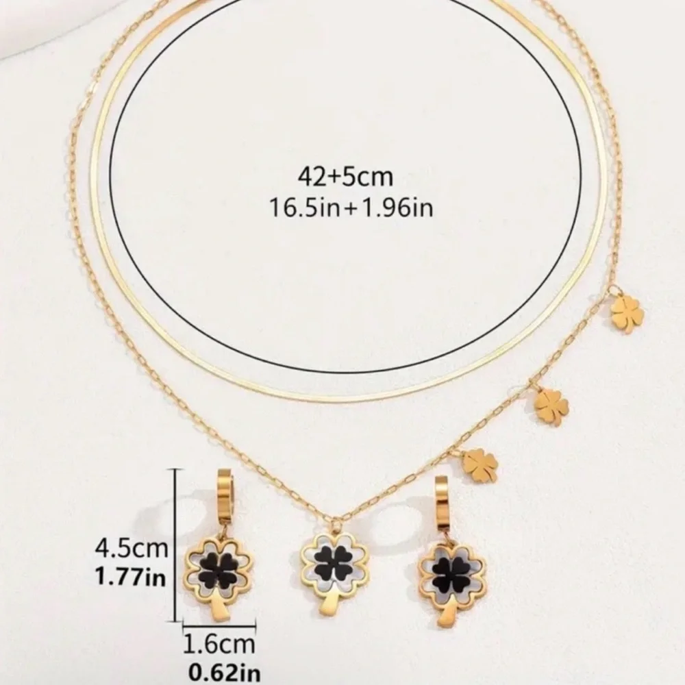 gold-plated stainless steel four-leaf clover jewelry set black & white enamel